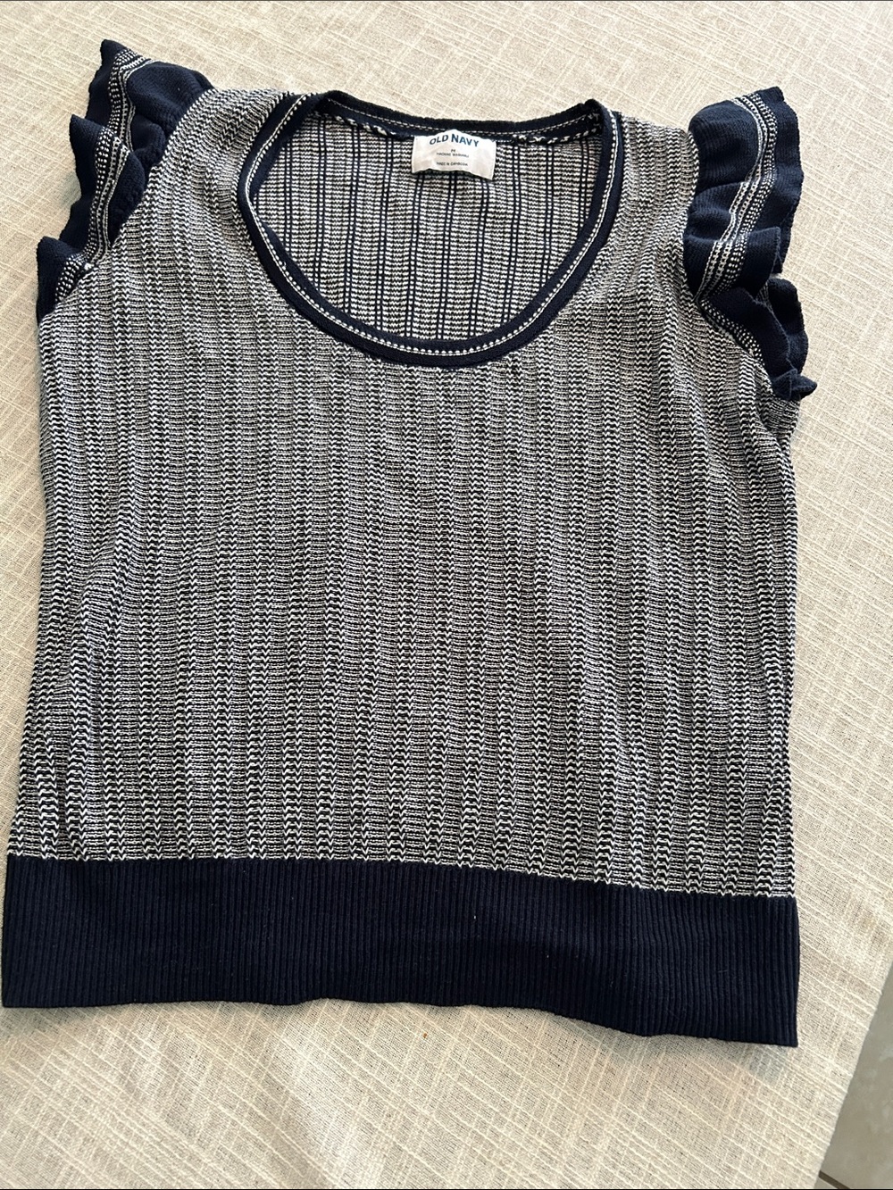 Old Navy Navy & White Textured Ruffle Sleeve Knit Top